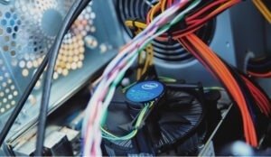 Intérieur d'un ordinateur avec ventilateur CPU, câbles colorés et carte mère visible.