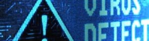 Panneau numérique avec point d'exclamation et texte "Virus détecté" en bleu lumineux.
