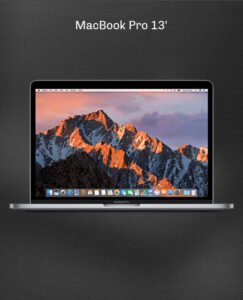 MacBook Pro 13 pouces affichant des montagnes, sur fond noir texturé.