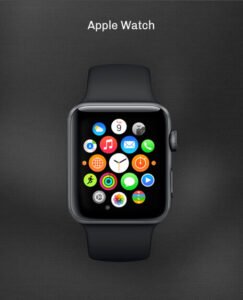 Montre connectée noire avec écran lisse affichant des icônes d'applications.