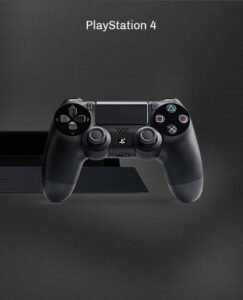 Manette de jeu noire PlayStation 4 sur fond sombre.