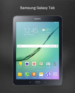 Tablette Samsung Galaxy Tab affichant l'heure, la date et des icônes d'applications sur fond vert.