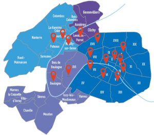 Carte des arrondissements de Paris et communes proches avec marqueurs rouges sur certains lieux.