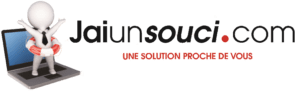 Personnage en cravate sur un ordinateur, texte "Jaiunsouci.com" avec slogan rouge.