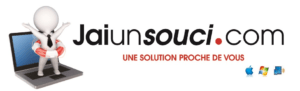 Personnage animé sur ordinateur avec bouée, texte "Jaiun souci.com", logos systèmes d'exploitation.