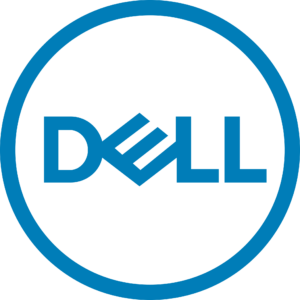 Logo Dell bleu avec nom stylisé dans un cercle.
