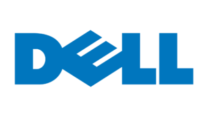 Logo Dell, texte en lettres majuscules bleues, entreprise de technologie.