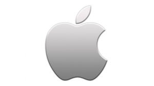 Logo argenté en forme de pomme avec feuille et morsure sur le côté droit.