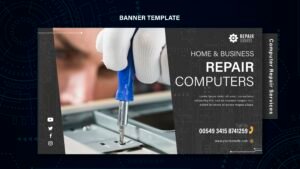 Bannière promotionnelle pour services de réparation d'ordinateurs à domicile et en entreprise.