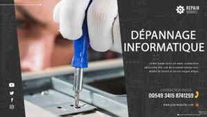 Publicité pour services de dépannage informatique avec personne utilisant un tournevis.