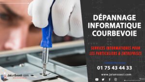 Dépannage informatique à Courbevoie pour particuliers et entreprises, contact et site web fournis.