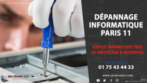 Dépannage informatique à Paris 11 pour particuliers et entreprises, contact et site fournis.