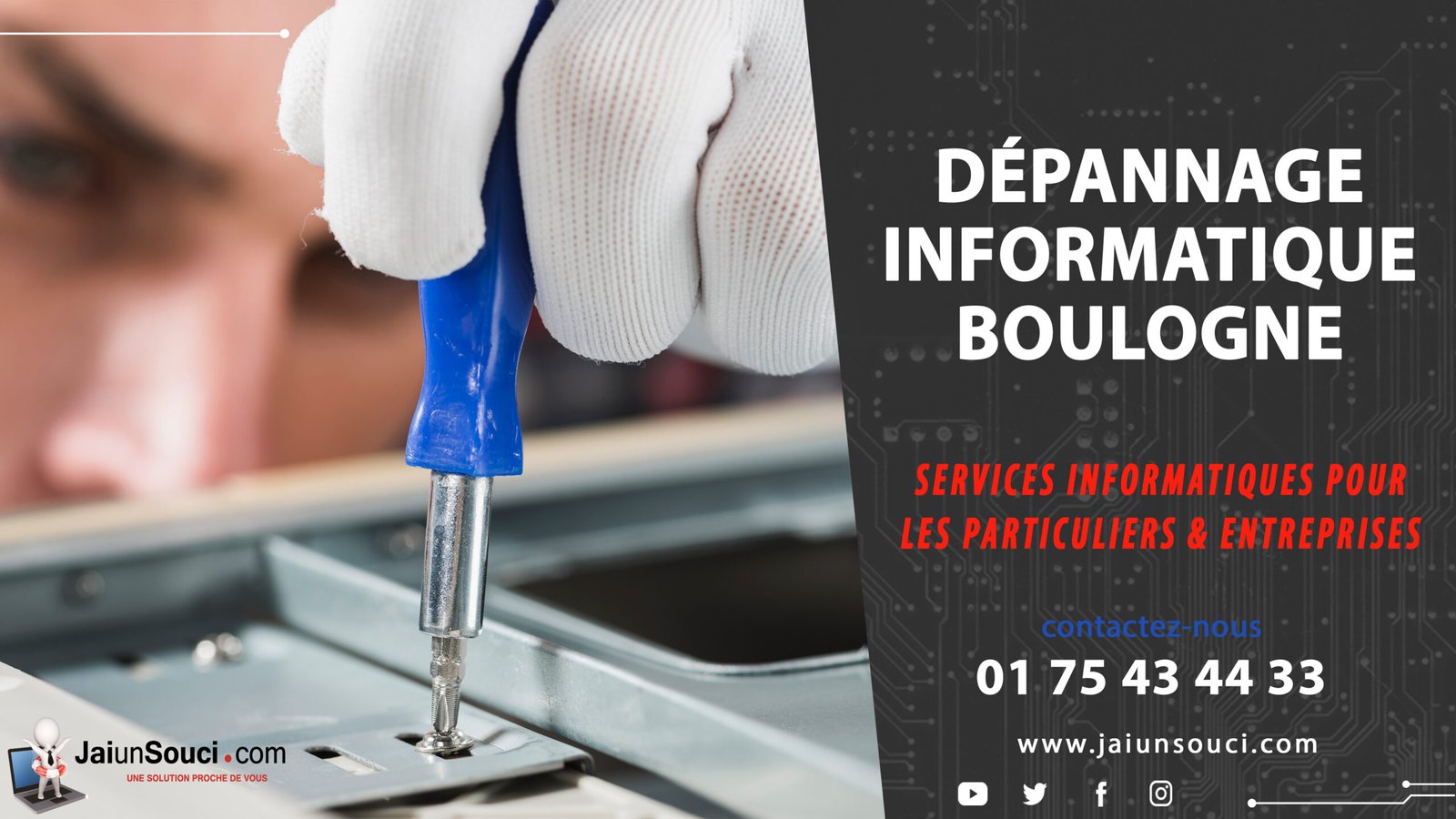 Technician screwing in Boulogne computer repair service ad with contact info.