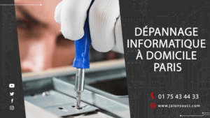 Publicité dépannage informatique Paris, personne utilisant un tournevis, avec contacts et site web.