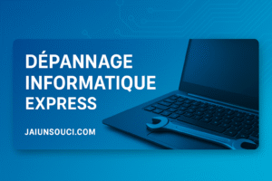 Dépannage informatique express, image d'un ordinateur portable avec clé à molettes.