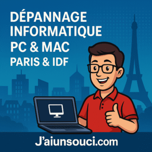 Dépannage informatique PC/Mac à Paris avec personnage tenant un ordinateur, fond urbain.