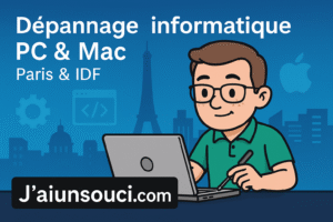 Service dépannage informatique PC et Mac à Paris, personnage travaillant ordinateur.