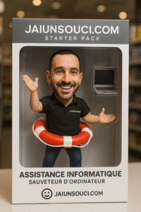 Figurine souriante avec gilet de sauvetage, ordinateur portable, boîte "JAIUNSOUCI.COM".