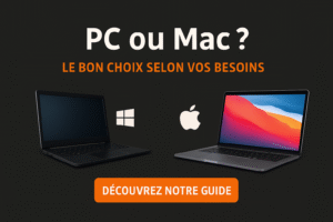 Comparaison entre PC et Mac avec logos Windows et Apple, guide pour choisir en fonction des besoins.