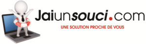 Personnage sur ordinateur avec bouée, texte "Jaiunsouci.com, Une solution proche de vous".