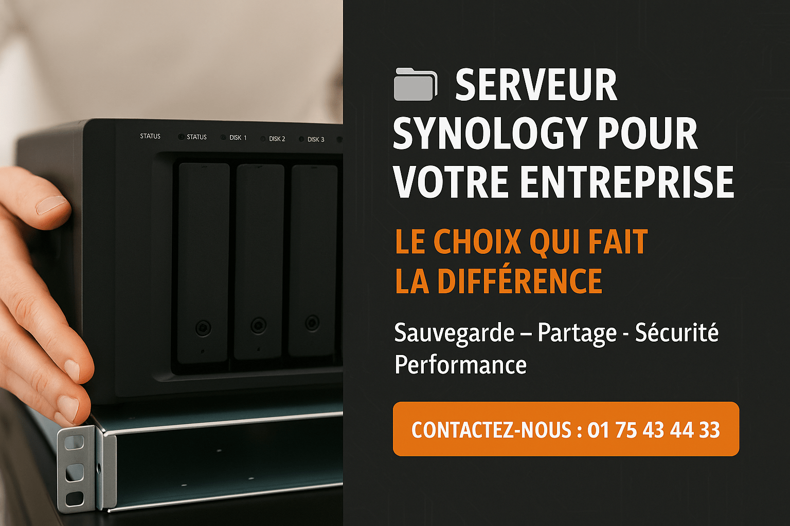 Main tenant un serveur Synology avec publicité sur les avantages pour entreprises.