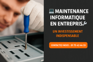 Technician working with a screwdriver on hardware; text promotes IT maintenance services.