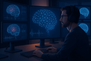 Un chercheur portant un casque audio analyse des visualisations 3D du cerveau humain sur plusieurs écrans, affichant des réseaux neuronaux et des signaux d’activité cérébrale dans une ambiance technologique bleutée.