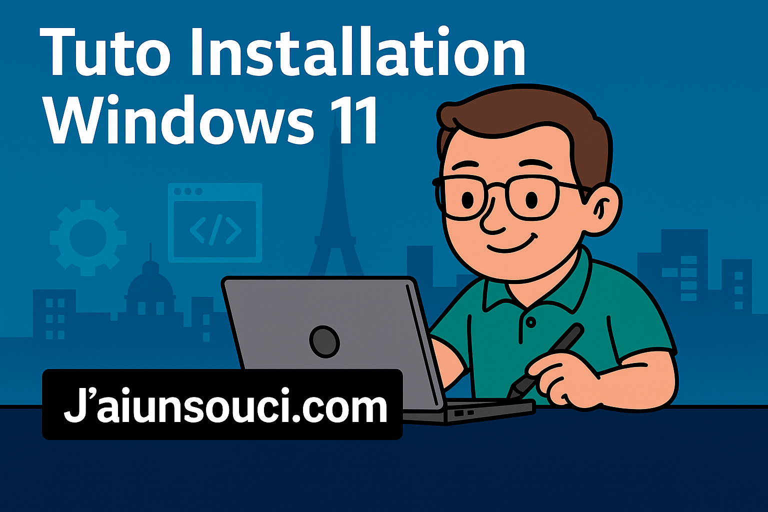 Illustration cartoon d’un homme en polo vert installant Windows 11 sur un ordinateur portable, avec la Tour Eiffel en arrière-plan et le logo J’aiunsouci.com.