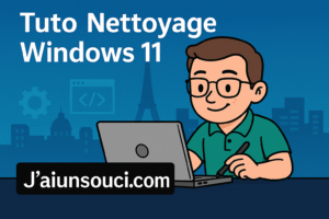 Technicien cartoon avec lunettes utilisant un ordinateur portable, fond Paris avec icônes tech et texte “Tuto Nettoyage Windows 11” – visuel promotionnel de J’aiunsouci.com