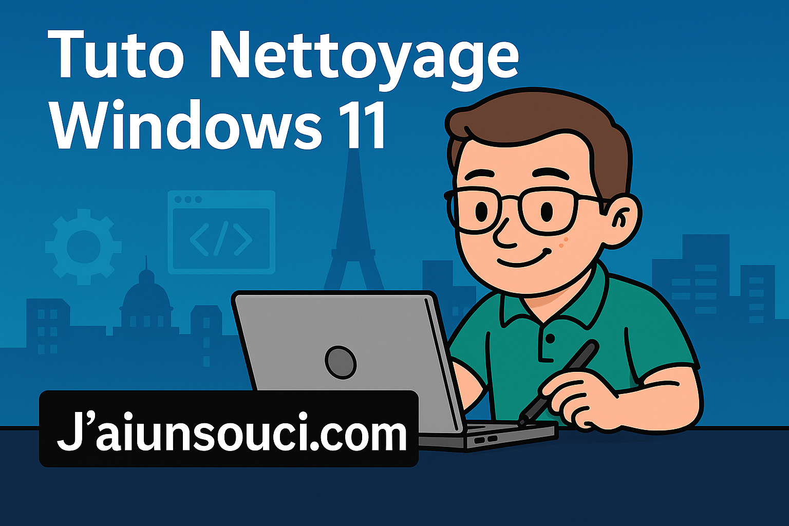 Technicien cartoon avec lunettes utilisant un ordinateur portable, fond Paris avec icônes tech et texte “Tuto Nettoyage Windows 11” – visuel promotionnel de J’aiunsouci.com