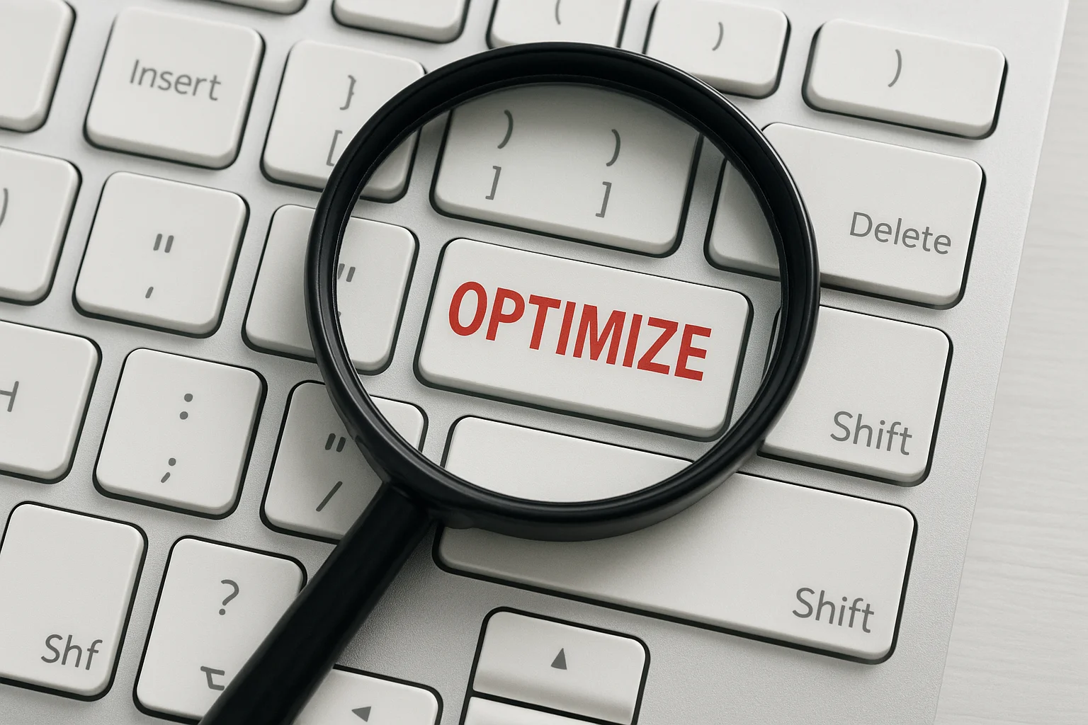 Clavier d’ordinateur blanc avec une loupe noire sur la touche "OPTIMIZE" en rouge
