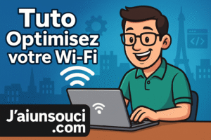 Illustration cartoon d’un homme souriant avec lunettes noires et polo vert, assis devant un ordinateur portable gris avec des ondes Wi-Fi au-dessus, sur fond bleu avec la Tour Eiffel et des icônes informatiques.