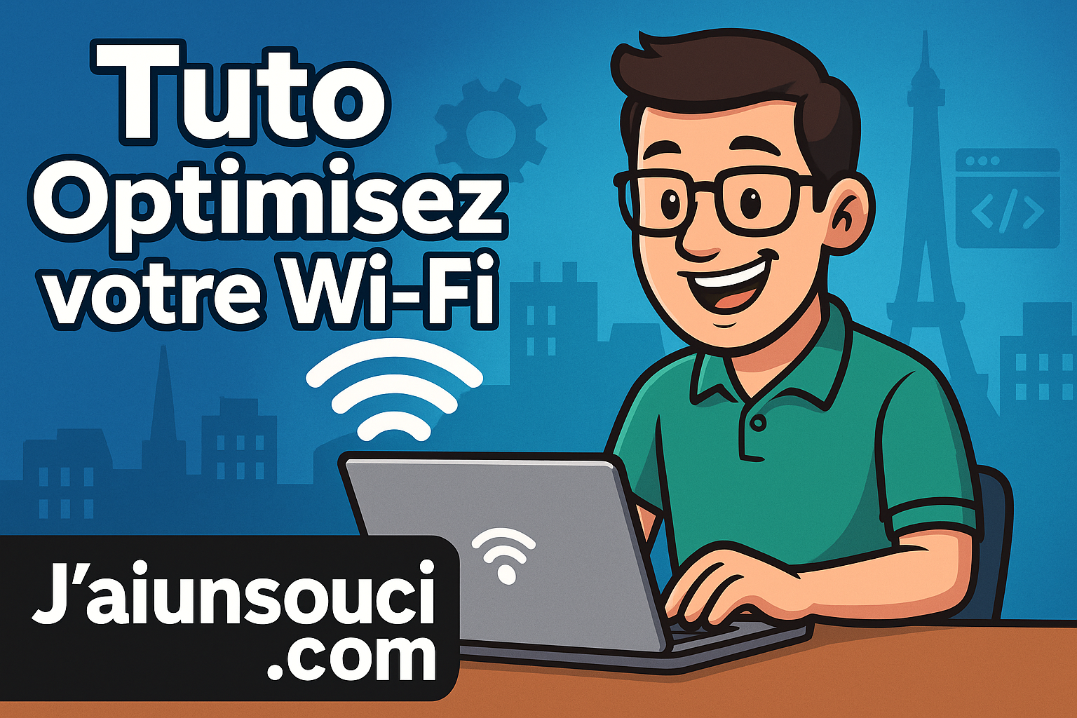 Illustration cartoon d’un homme souriant avec lunettes noires et polo vert, assis devant un ordinateur portable gris avec des ondes Wi-Fi au-dessus, sur fond bleu avec la Tour Eiffel et des icônes informatiques.