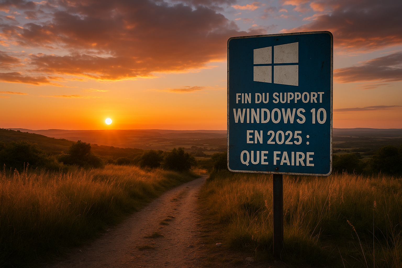 Panneau indiquant la fin du support Windows 10 en 2025 avec un coucher de soleil en arrière-plan