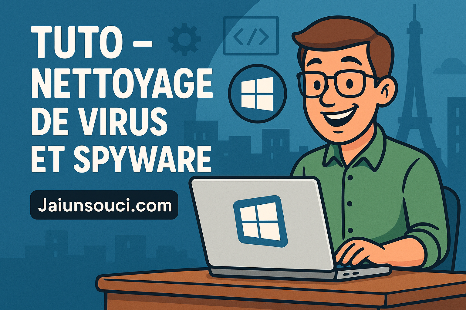 Illustration style dessin animé : un homme souriant avec des lunettes et une chemise verte utilise un ordinateur portable affichant le logo Windows. À gauche, le texte « Tuto – Nettoyage de Virus et Spyware » est écrit en gros caractères blancs, avec le logo « Jaiunsouci.com » en bas. En arrière-plan bleu apparaissent des icônes technologiques et la silhouette de la Tour Eiffel.