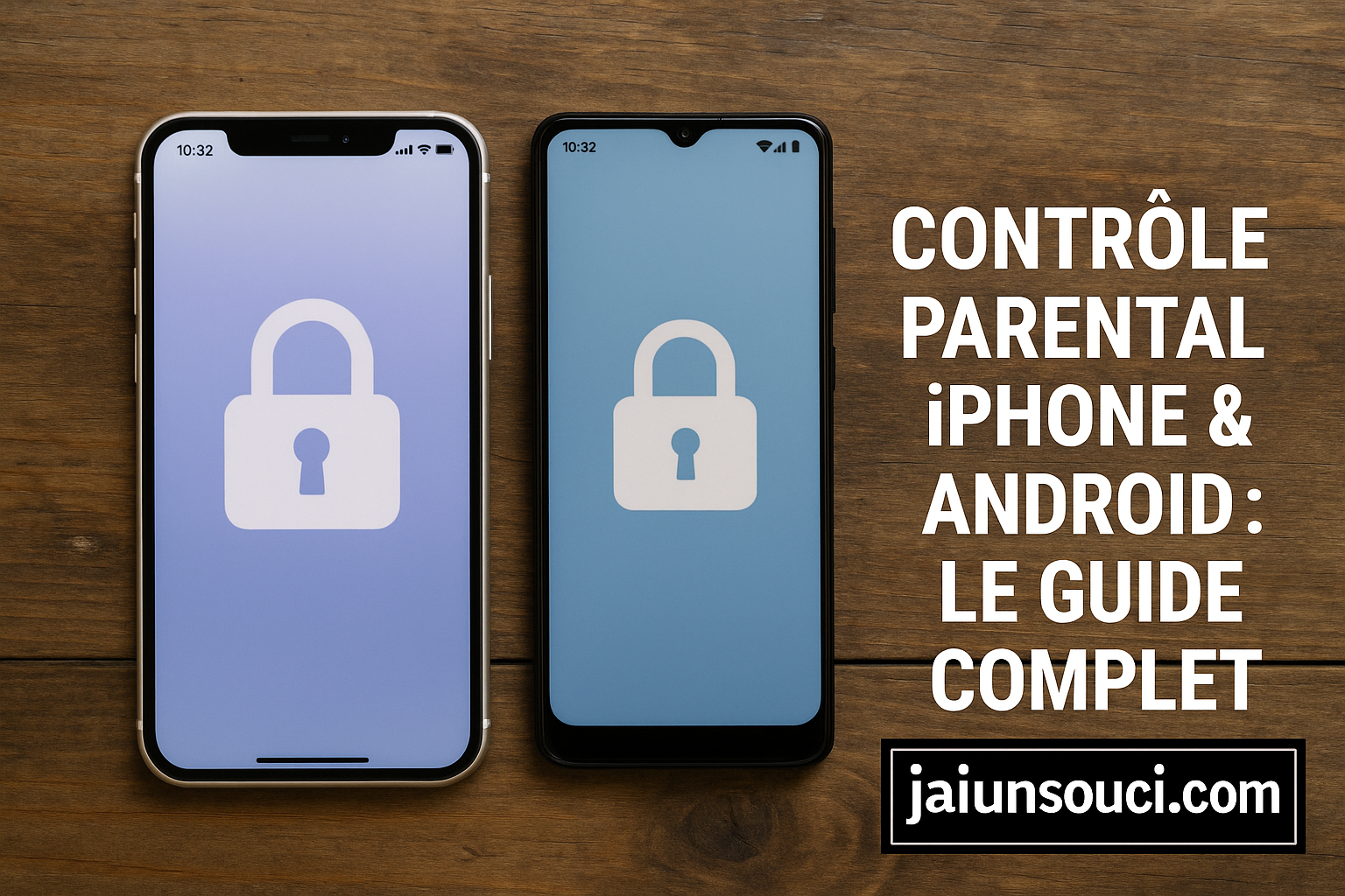 Deux smartphones, un iPhone et un Android, posés côte à côte sur une table en bois, affichant chacun un cadenas blanc sur fond bleu. À droite, le texte « CONTRÔLE PARENTAL iPHONE & ANDROID : LE GUIDE COMPLET » apparaît, avec en bas le site « jaiunsouci.com » encadré en noir.