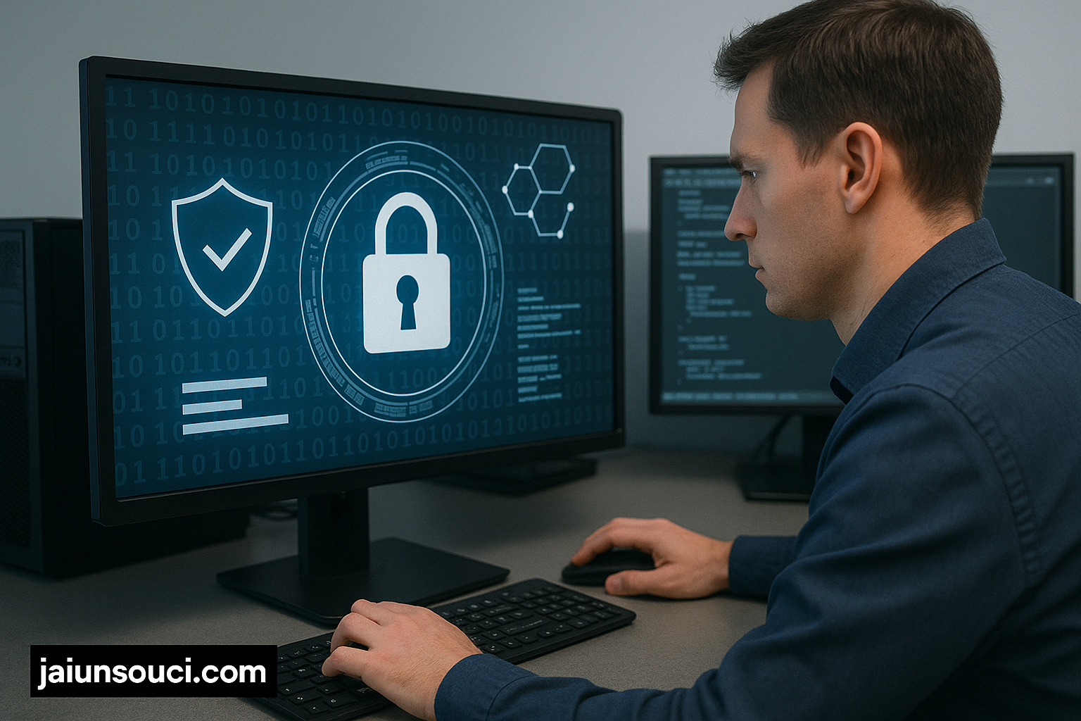 Un homme en chemise bleue travaille sur un ordinateur affichant un cadenas et des icônes de cybersécurité, avec l’inscription jaiunsouci.com en bas à gauche.