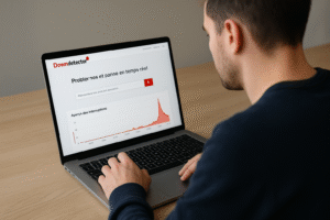 Un homme assis à une table utilise un ordinateur portable affichant le site Downdetector avec un graphique des interruptions en temps réel.