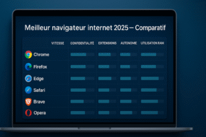 Tableau comparatif des principaux navigateurs internet en 2025 (Chrome, Firefox, Edge, Safari, Brave, Opera) montrant leurs performances en vitesse, confidentialité, extensions, autonomie et consommation de RAM.