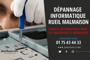 Gros plan d’une main gantée utilisant un tournevis bleu pour réparer un ordinateur, avec à droite le texte « Dépannage informatique Rueil Malmaison », les services proposés, le numéro de téléphone et les icônes des réseaux sociaux.