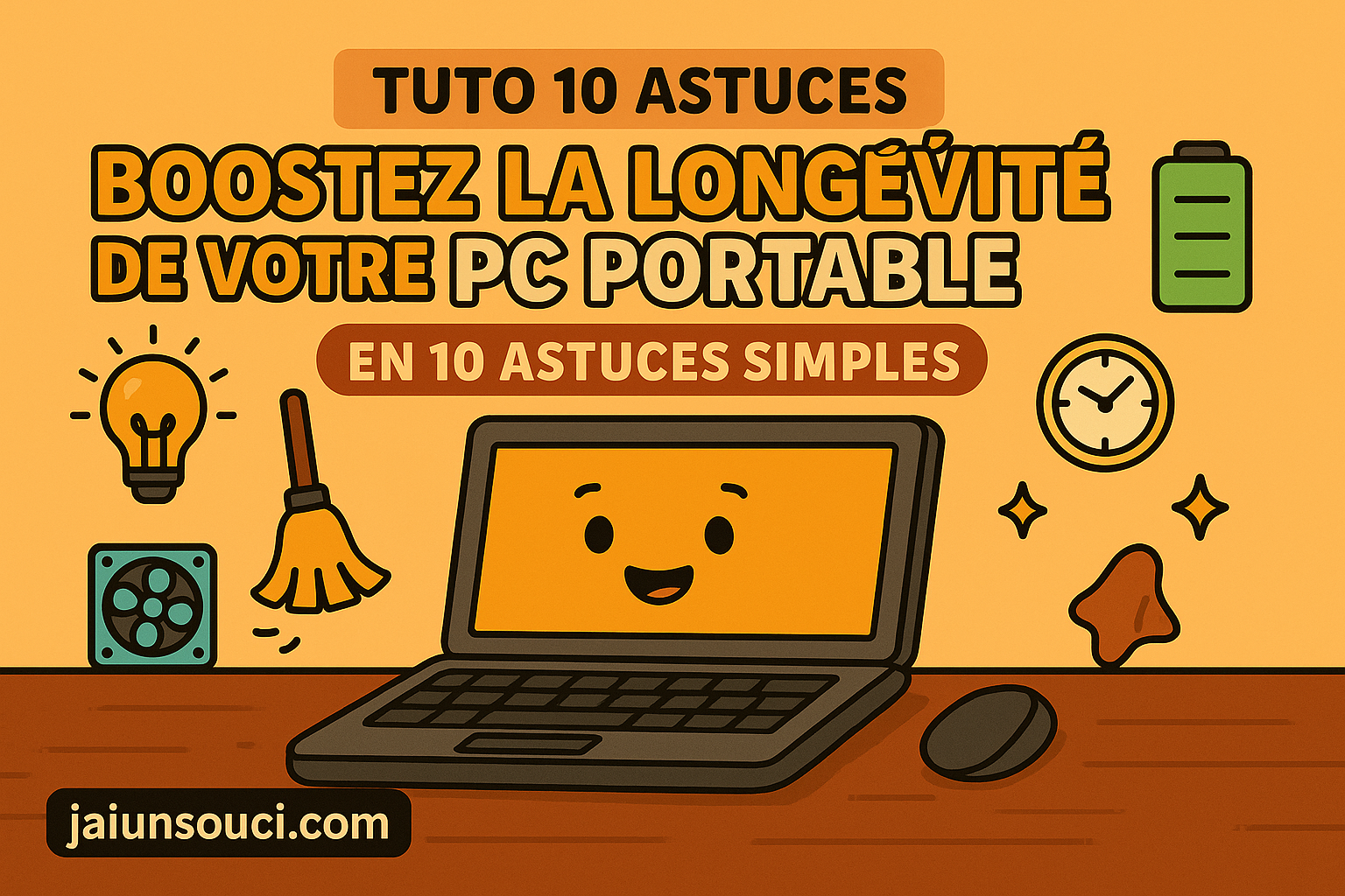 Illustration colorée présentant un tutoriel en français intitulé « Boostez la longévité de votre PC portable en 10 astuces simples » avec des icônes d’ampoule, batterie, horloge, ventilateur, balai et un ordinateur portable souriant.