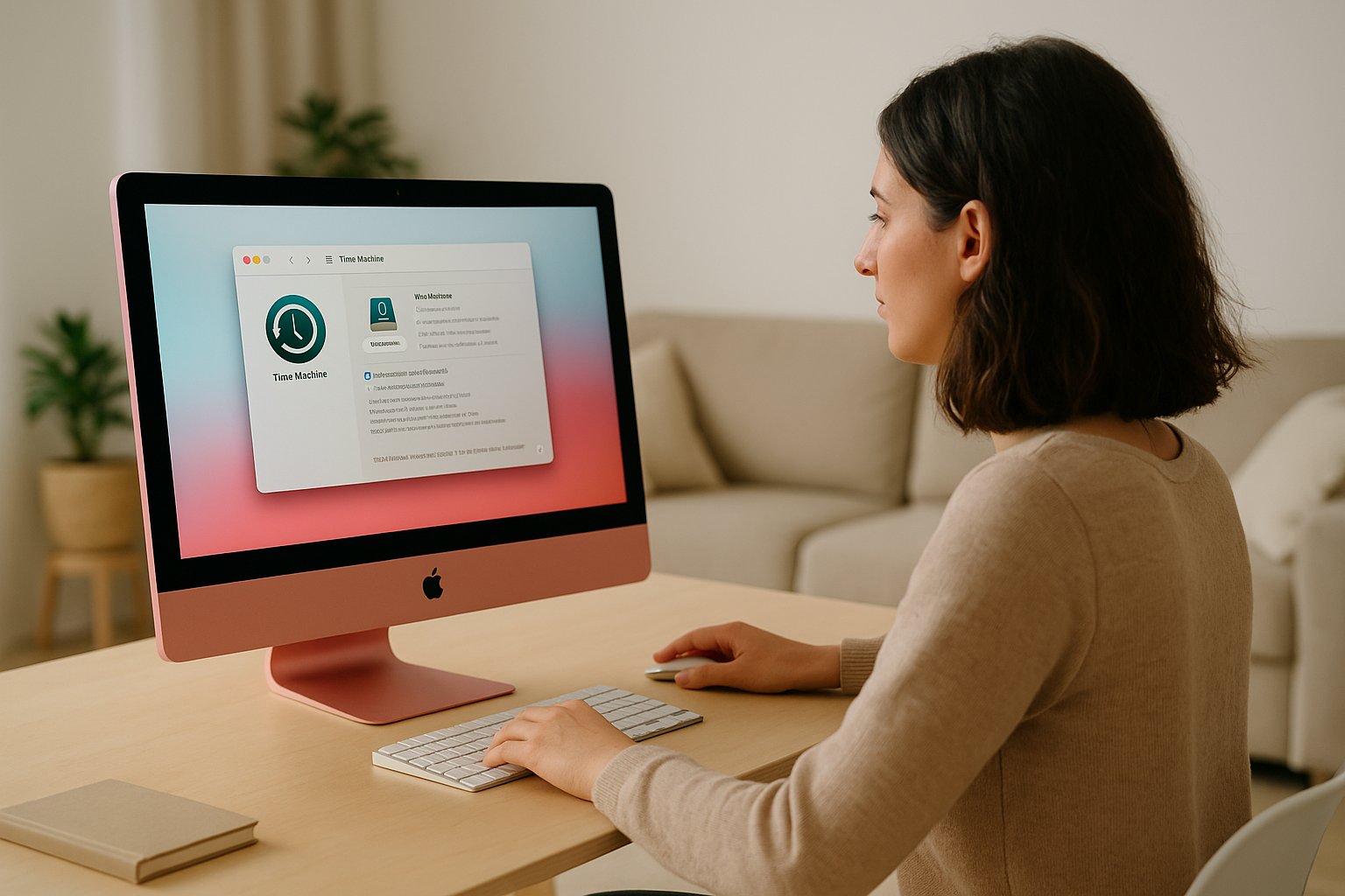 Femme décontractée utilisant un iMac rose dans un salon chaleureux pour configurer Time Machine et sauvegarder ses données sur Mac.