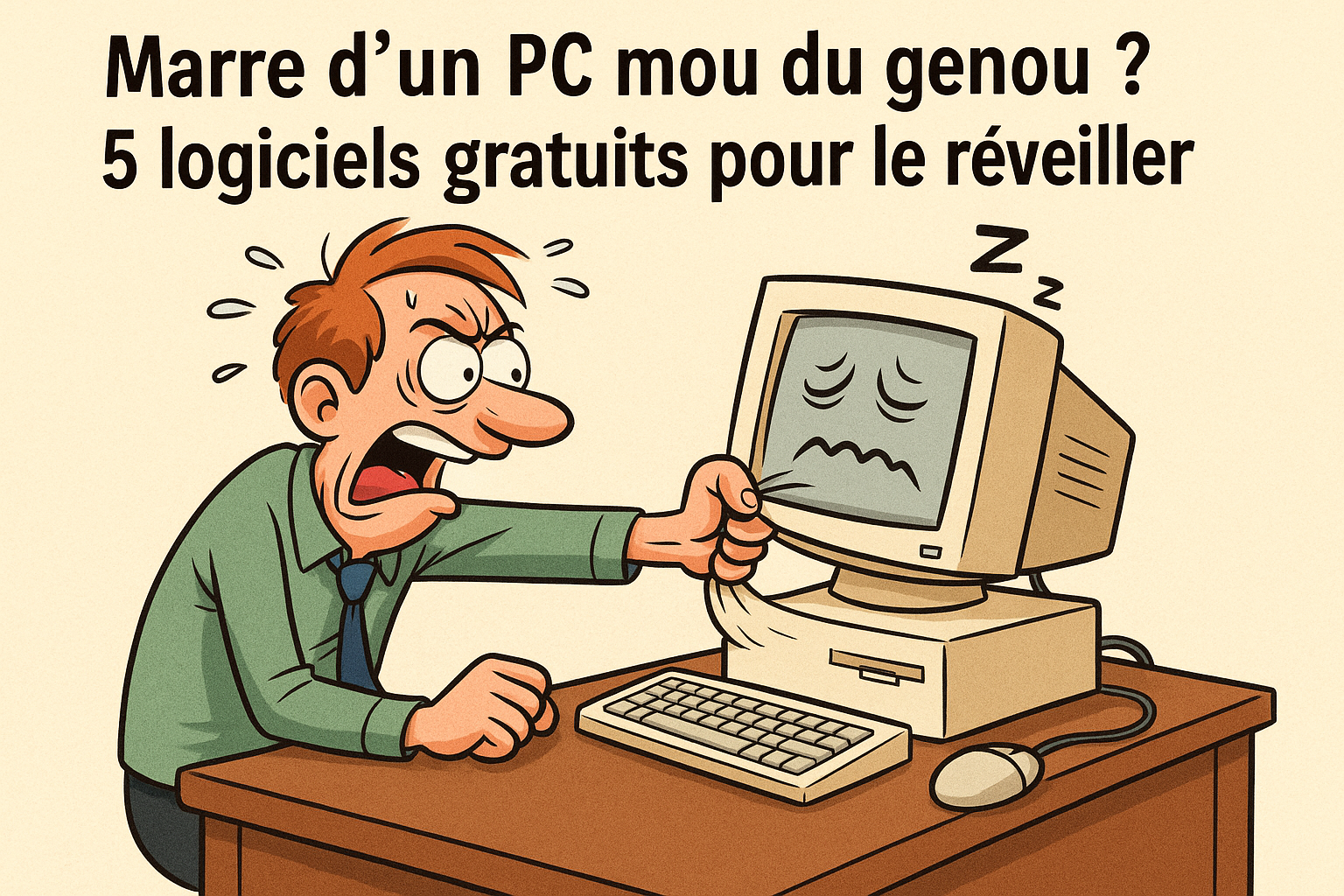 Illustration humoristique d’un homme en colère tirant l’écran d’un vieil ordinateur fatigué, avec le texte “Marre d’un PC mou du genou ? 5 logiciels gratuits pour le réveiller”. Style cartoon vintage, ton comique et expressif
