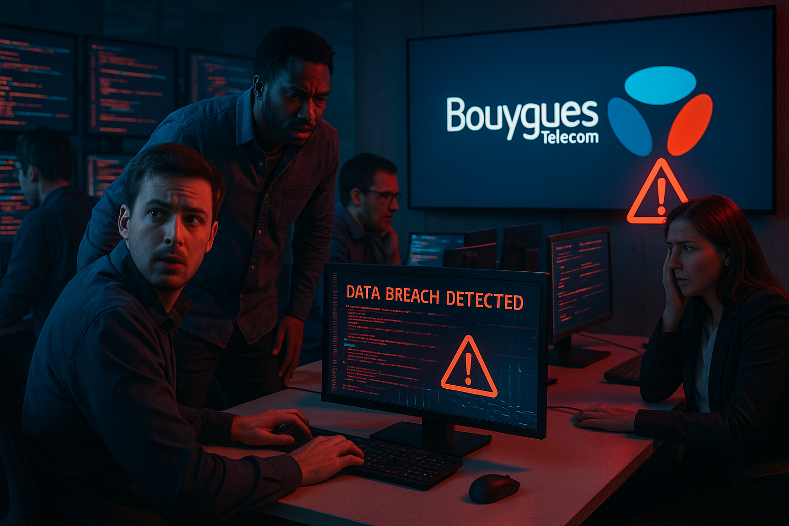 Des ingénieurs informatiques de Bouygues Telecom réagissent à une alerte de sécurité indiquant une fuite de données, dans une salle de serveurs éclairée par des écrans rouges et bleus affichant “Data Breach Detected”.