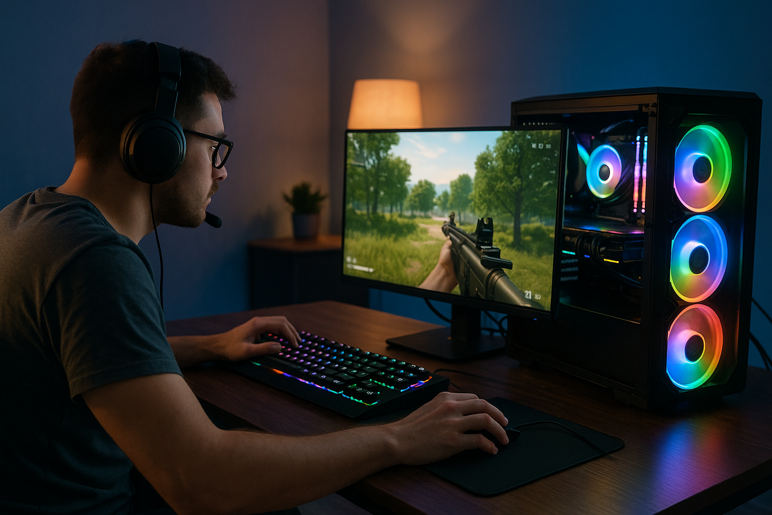 Un joueur PC portant un casque micro joue à un jeu de tir sur un écran large, avec un setup gamer comprenant une tour RGB et un clavier rétroéclairé.