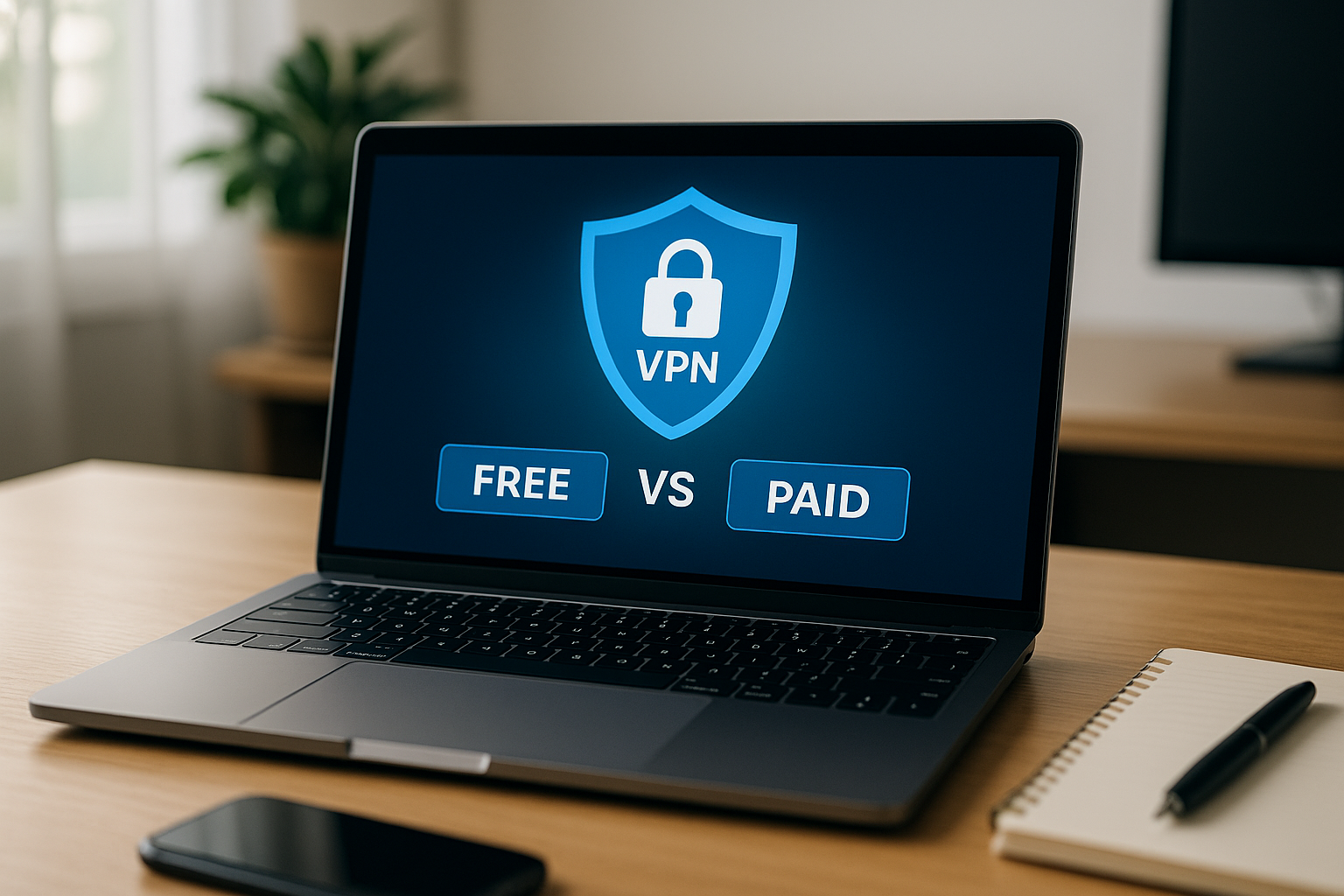 Écran d’ordinateur portable affichant une comparaison entre VPN gratuit et VPN payant, symbolisée par un bouclier bleu avec cadenas, posé sur un bureau moderne.
