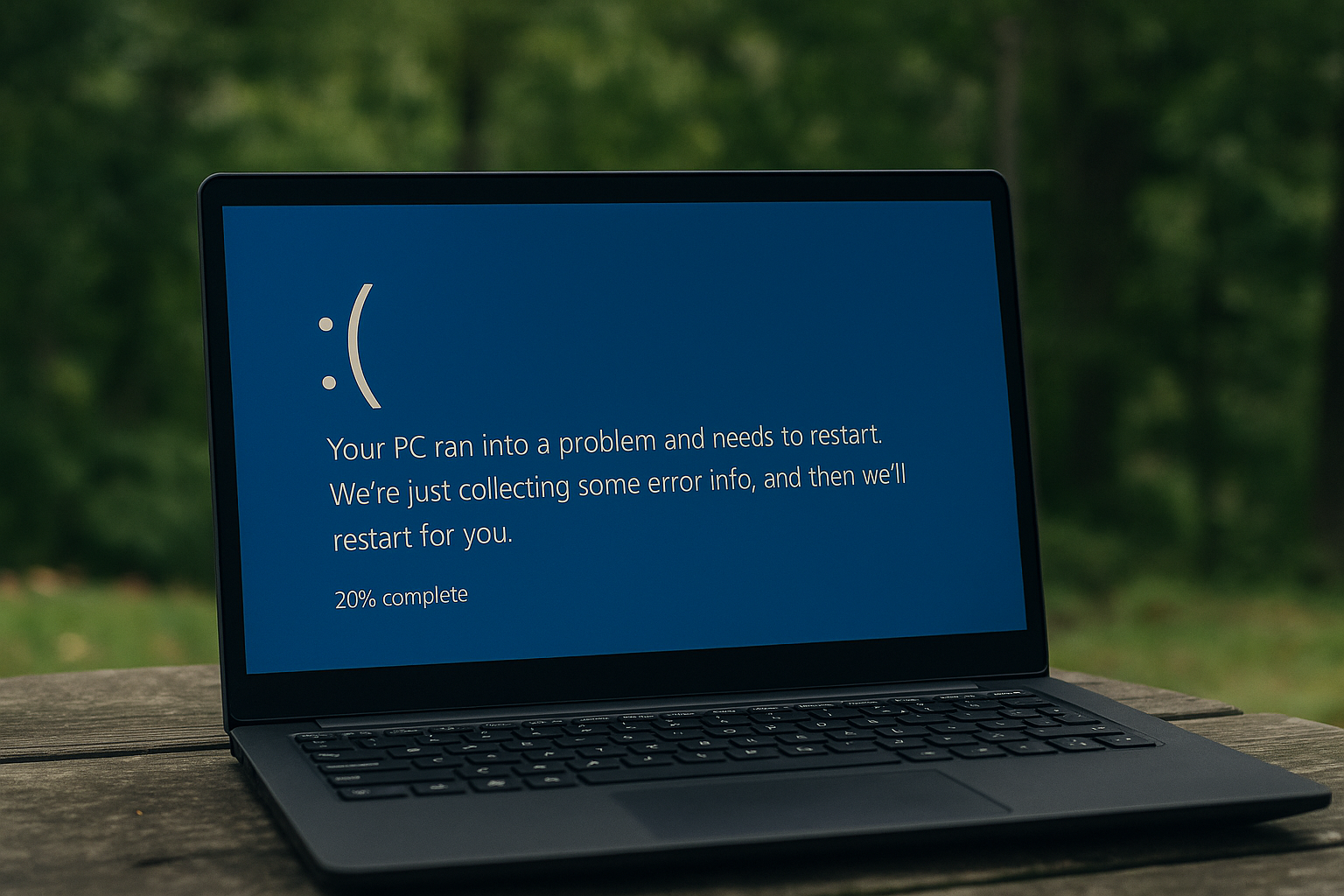 Ordinateur portable affichant un écran bleu d’erreur Windows indiquant un redémarrage nécessaire après un crash système.