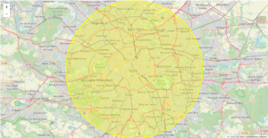 Carte de la région parisienne montrant une zone d’intervention circulaire centrée sur Paris, couvrant environ 20 km autour, incluant notamment Boulogne-Billancourt, Saint-Denis, Montreuil, Versailles et Créteil.