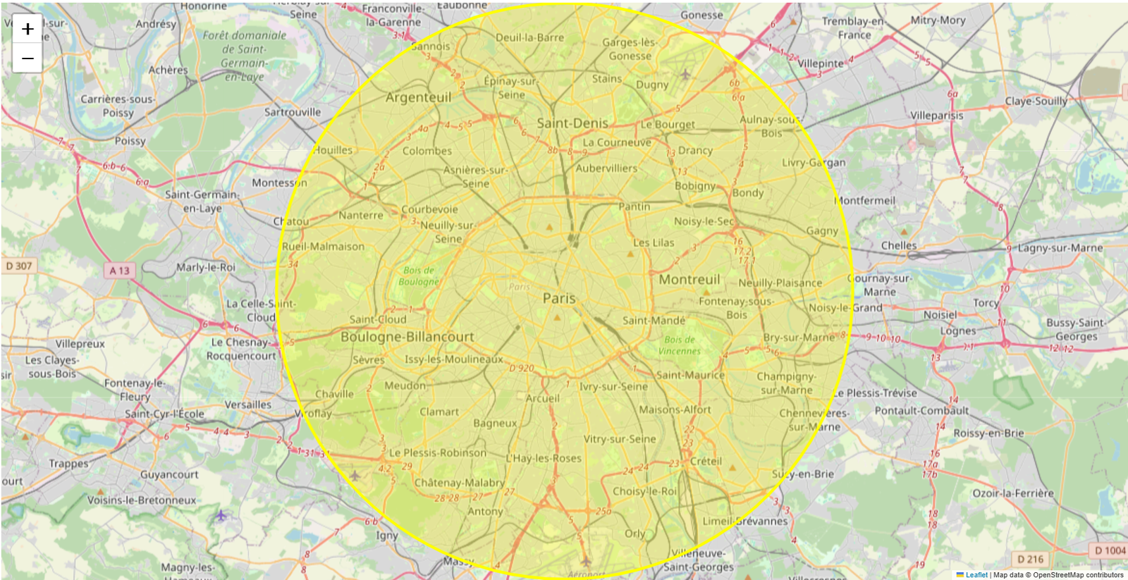 Carte de la région parisienne montrant une zone d’intervention circulaire centrée sur Paris, couvrant environ 20 km autour, incluant notamment Boulogne-Billancourt, Saint-Denis, Montreuil, Versailles et Créteil.