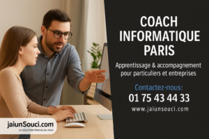 Coach informatique homme expliquant à une cliente comment utiliser son ordinateur dans un bureau moderne à Paris, ambiance lumineuse et professionnelle.